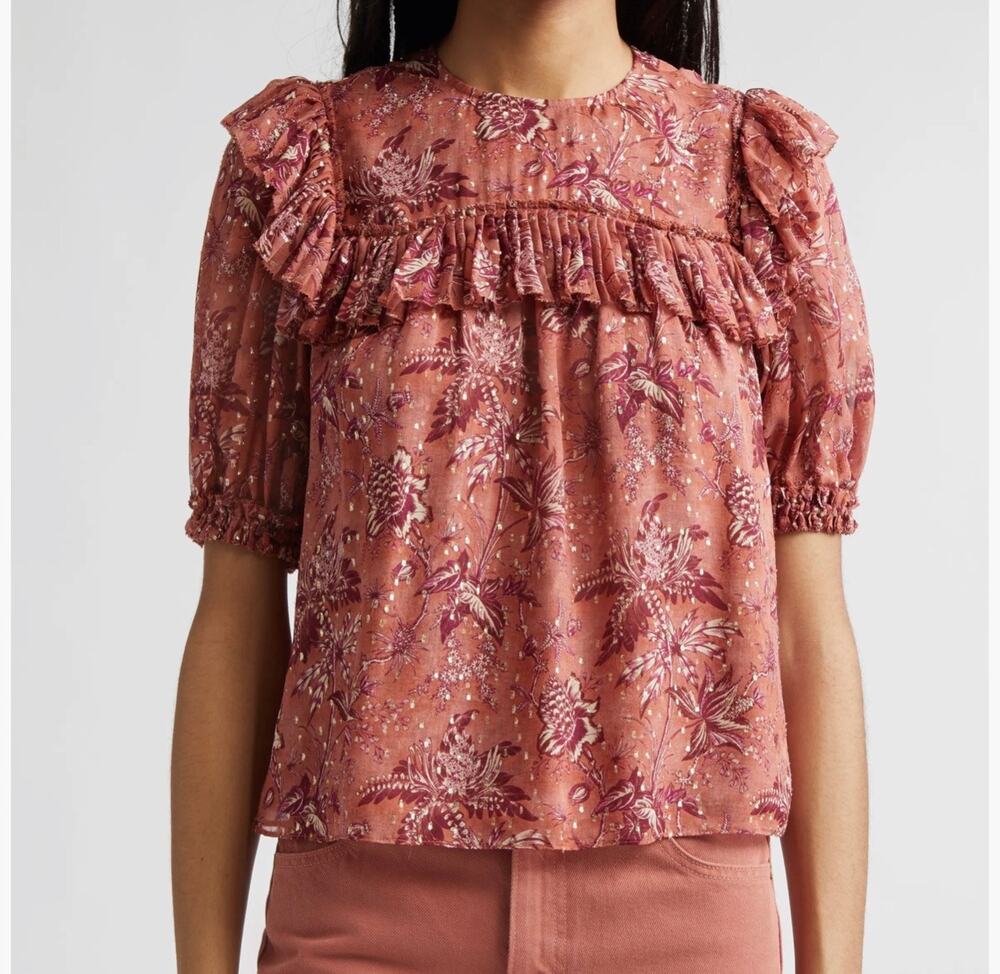 Ulla JohnsonJodie Puff Sleeve Cottagecore Feminine Floral Top in Size 2